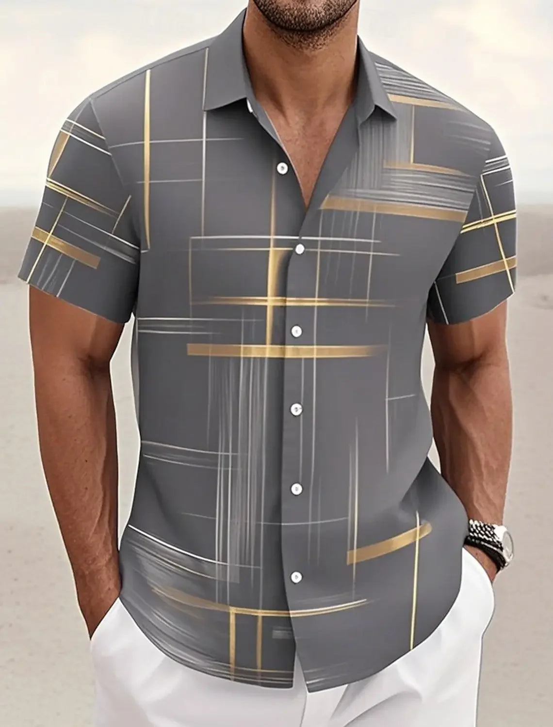 Camisa Masculina Geométrica Cuadros Verano Vanthea