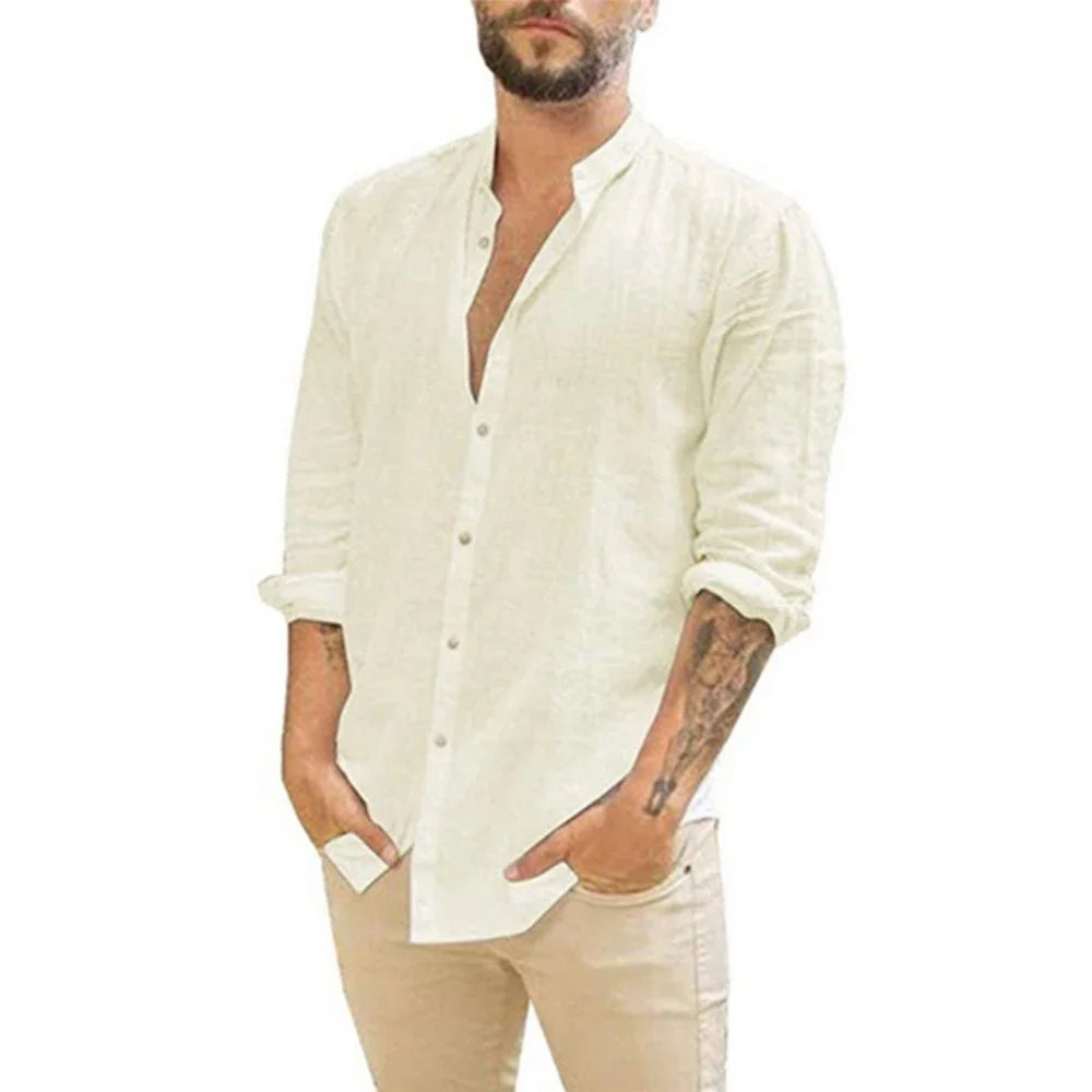 Camisa de hombre de manga larga de lino con cuello alto Vanthea