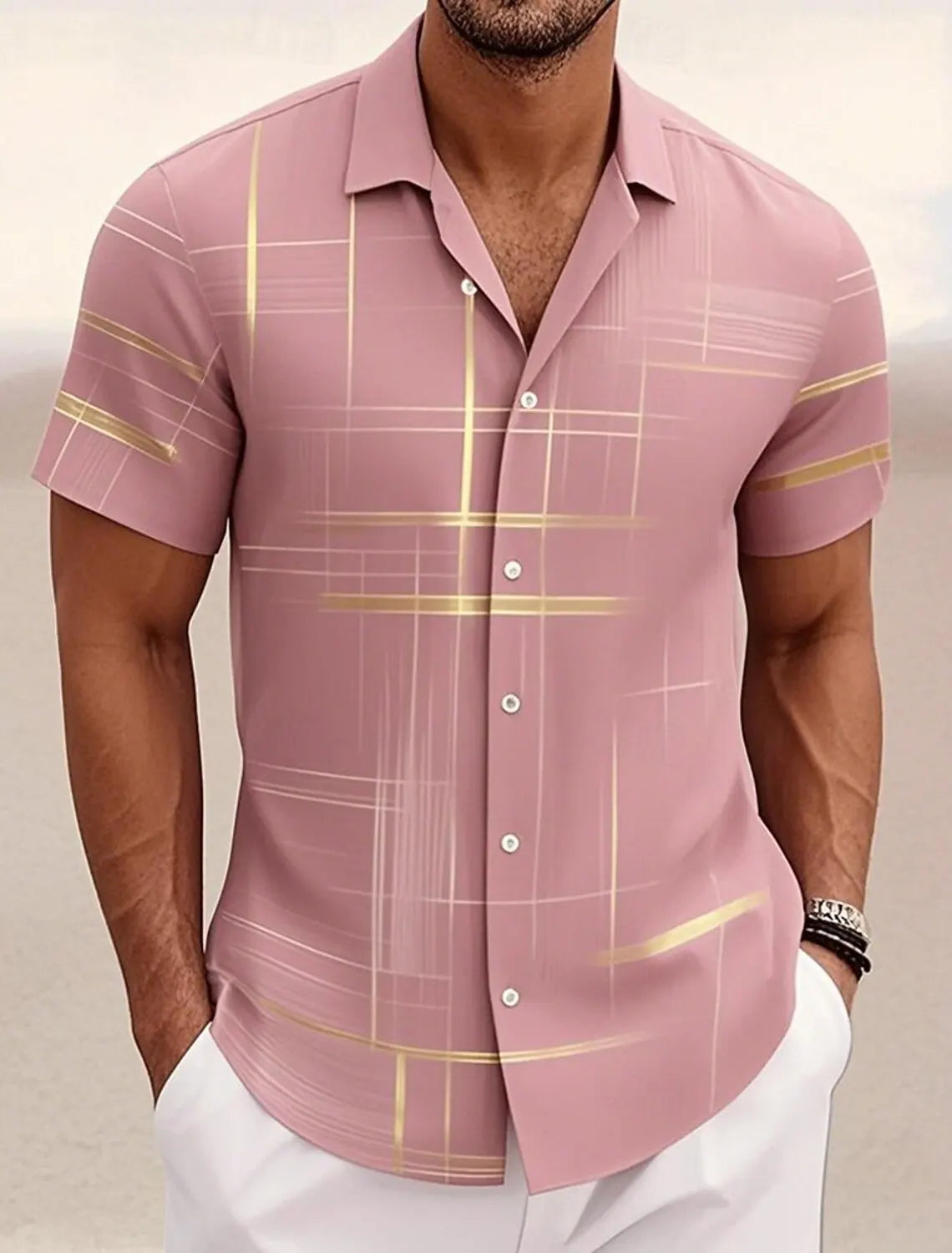 Camisa Masculina Geométrica Cuadros Verano Vanthea
