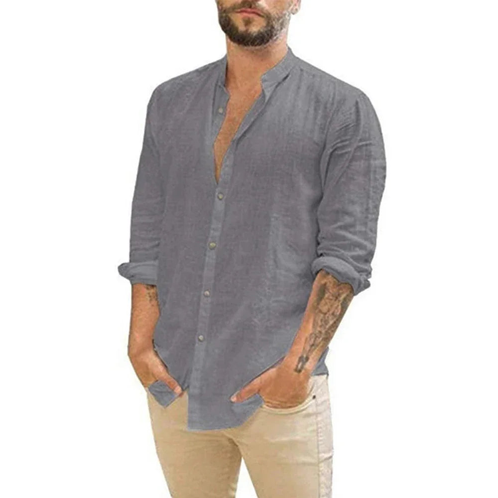 Camisa de hombre de manga larga de lino con cuello alto Vanthea