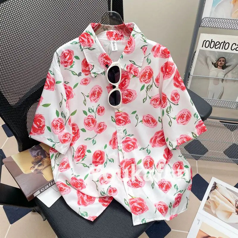 Camisa Masculina Floral Retro Suelta Playa Vanthea