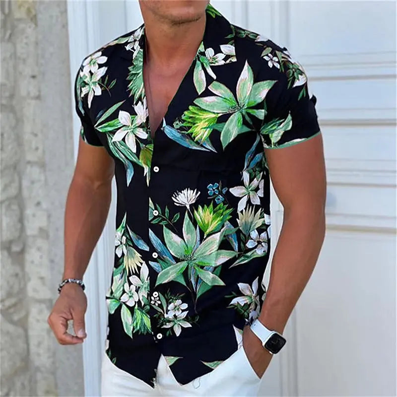 Camisa De Manga Corta Para Hombre Con Estampado Floral Tropical De Vanthea