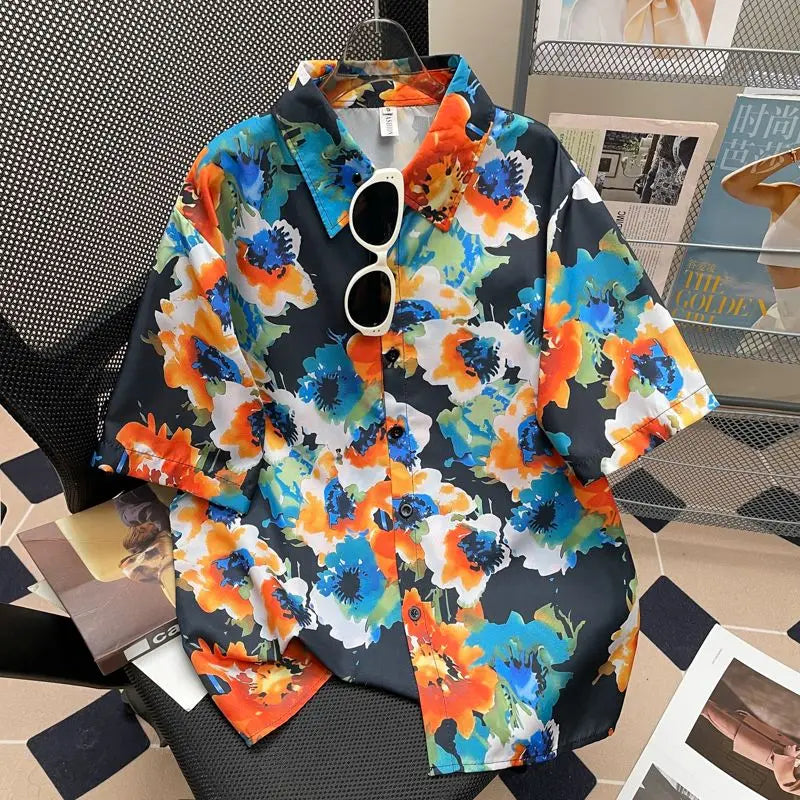 Camisa Masculina Floral Retro Suelta Playa Vanthea