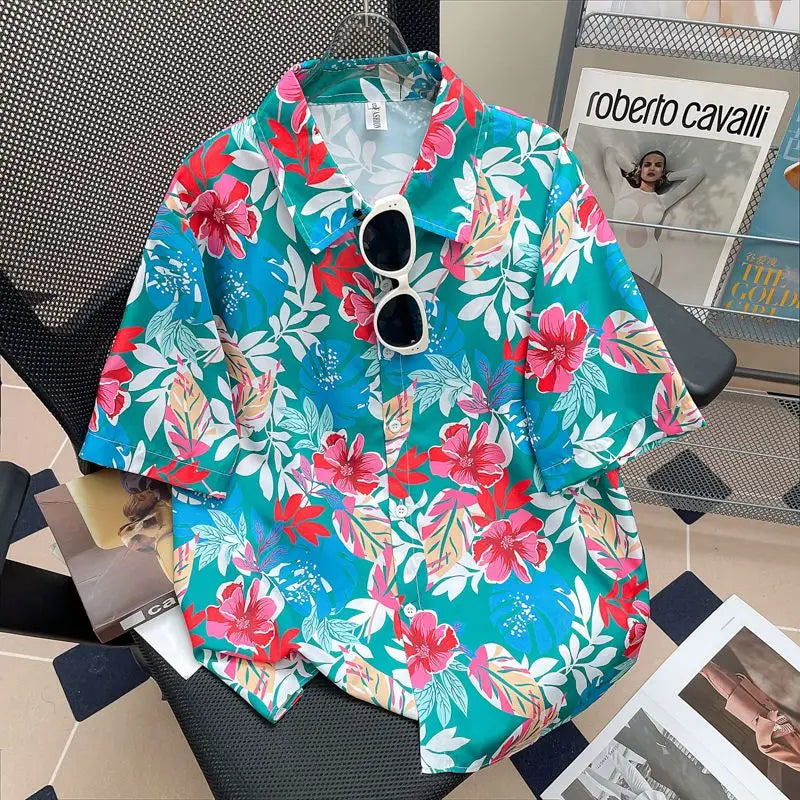 Camisa Masculina Floral Retro Suelta Playa Vanthea