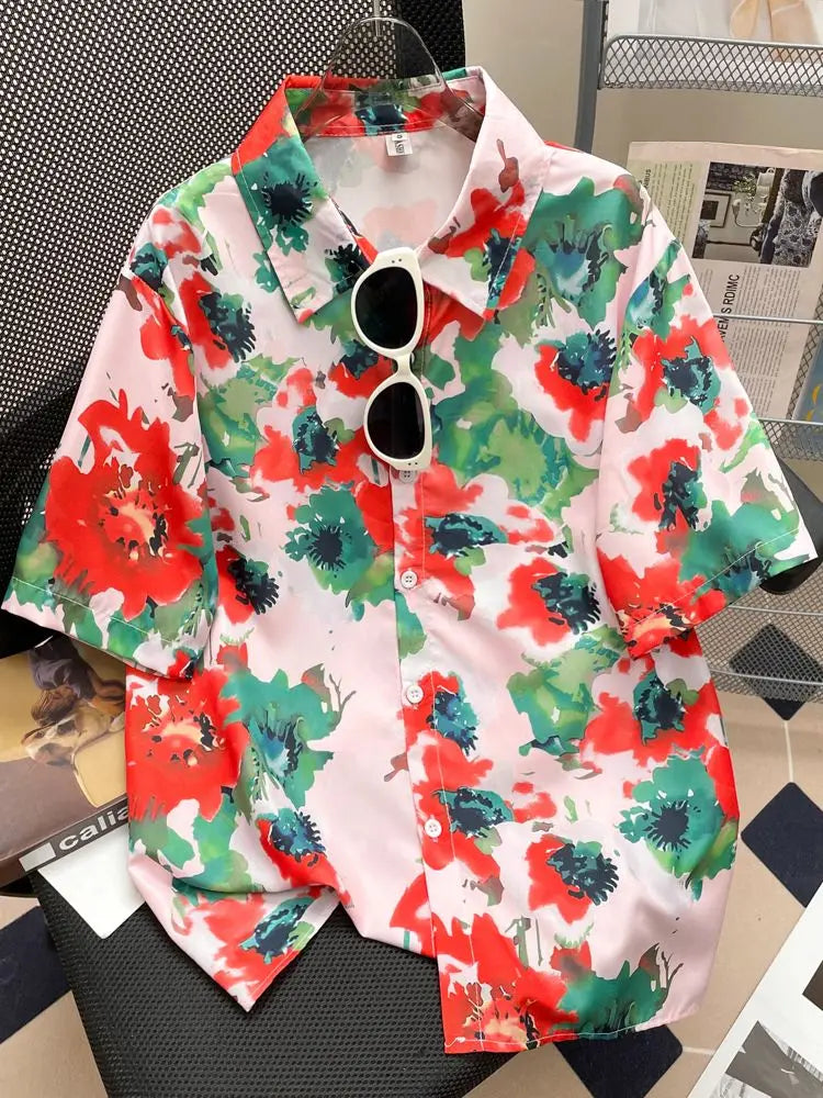 Camisa Masculina Floral Retro Suelta Playa Vanthea