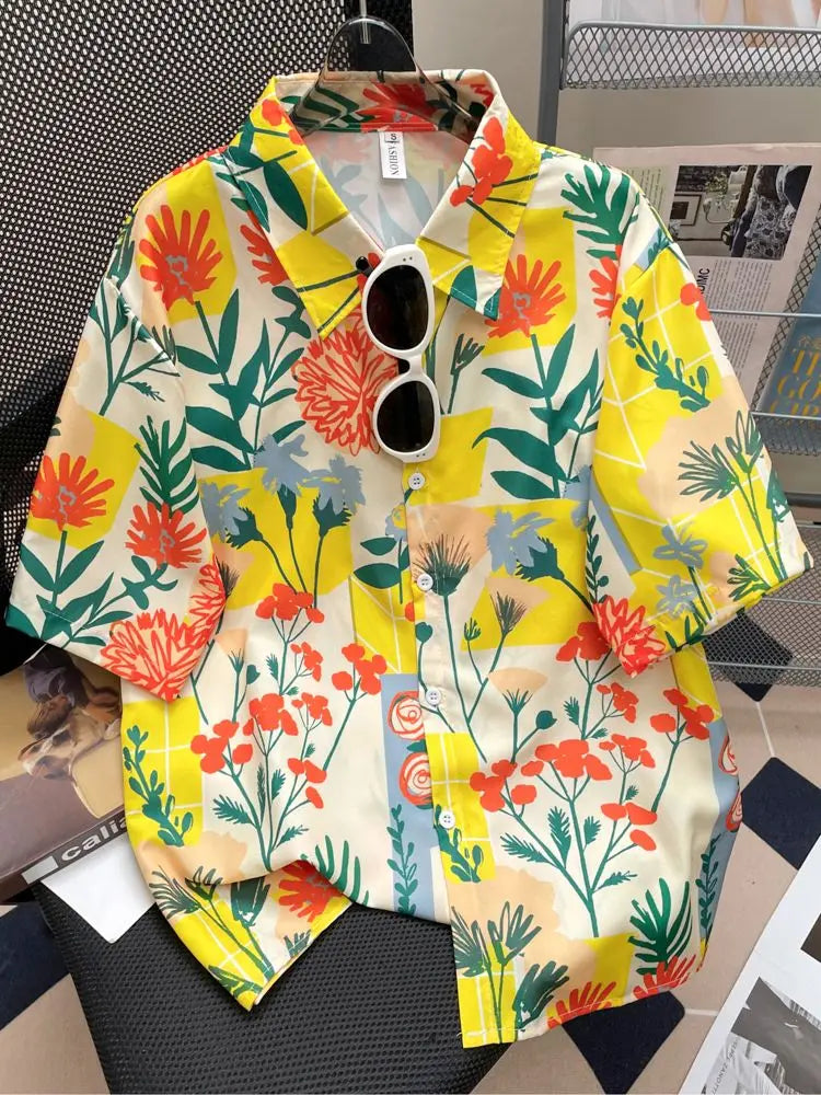 Camisa Masculina Floral Retro Suelta Playa Vanthea