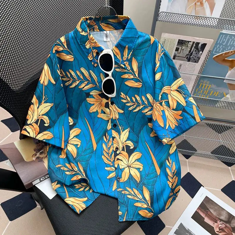 Camisa Masculina Floral Retro Suelta Playa Vanthea