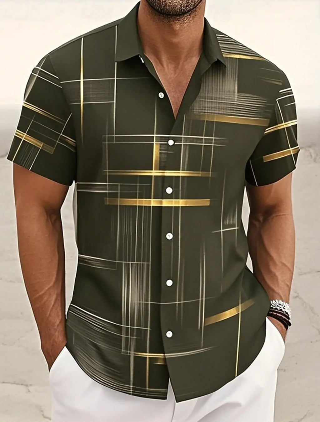 Camisa Masculina Geométrica Cuadros Verano Vanthea
