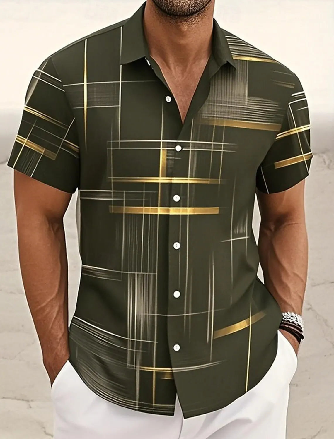 Camisa Masculina Geométrica Cuadros Verano Vanthea