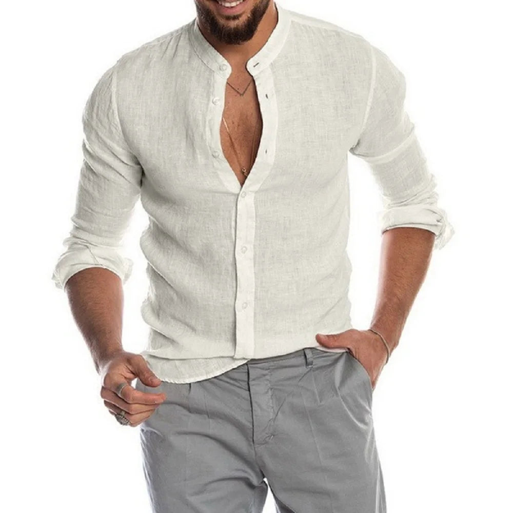 Camisa de hombre de manga larga y cuello alto de lino Vanthea