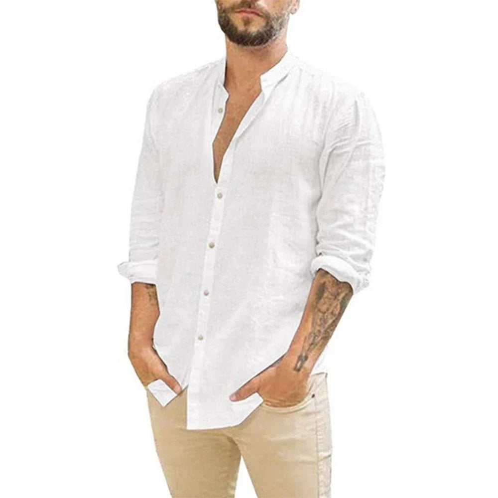 Camisa de hombre de manga larga de lino con cuello alto Vanthea