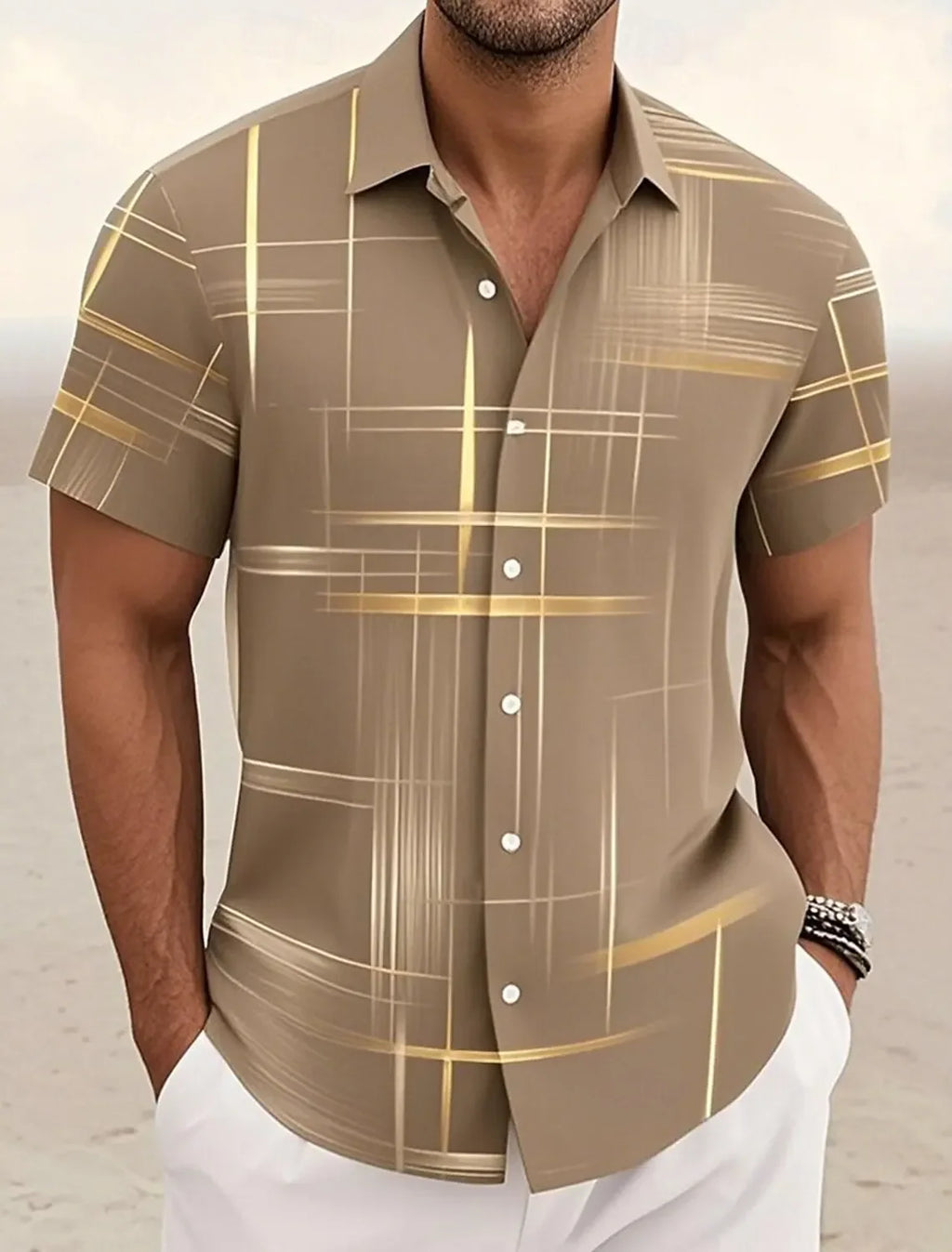 Camisa Masculina Geométrica Cuadros Verano Vanthea