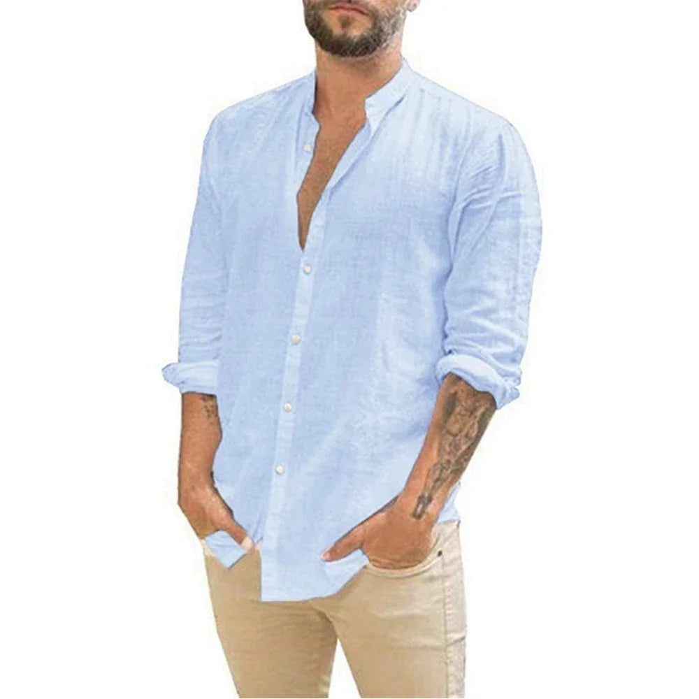Camisa de hombre de manga larga de lino con cuello alto Vanthea