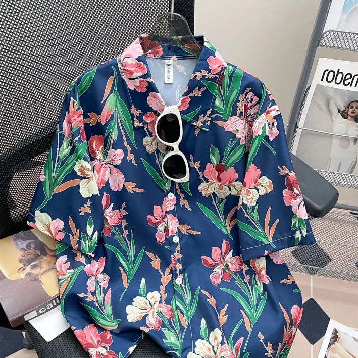 Camisa Masculina Floral Retro Suelta Playa Vanthea