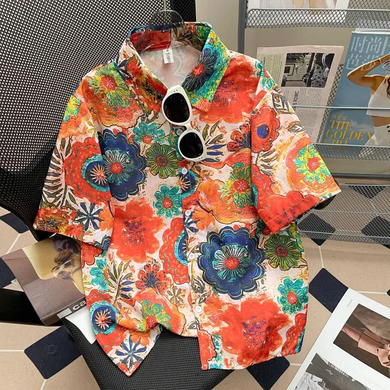 Camisa Masculina Floral Retro Suelta Playa Vanthea