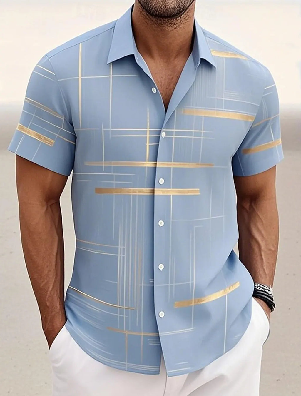 Camisa Masculina Geométrica Cuadros Verano Vanthea