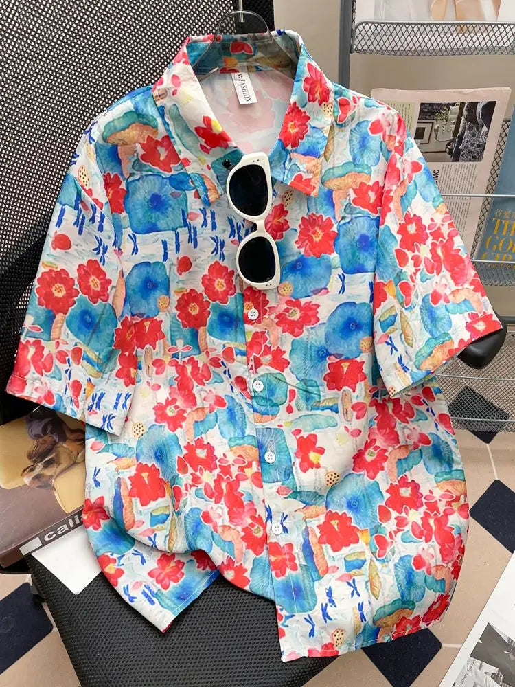 Camisa Masculina Floral Retro Suelta Playa Vanthea